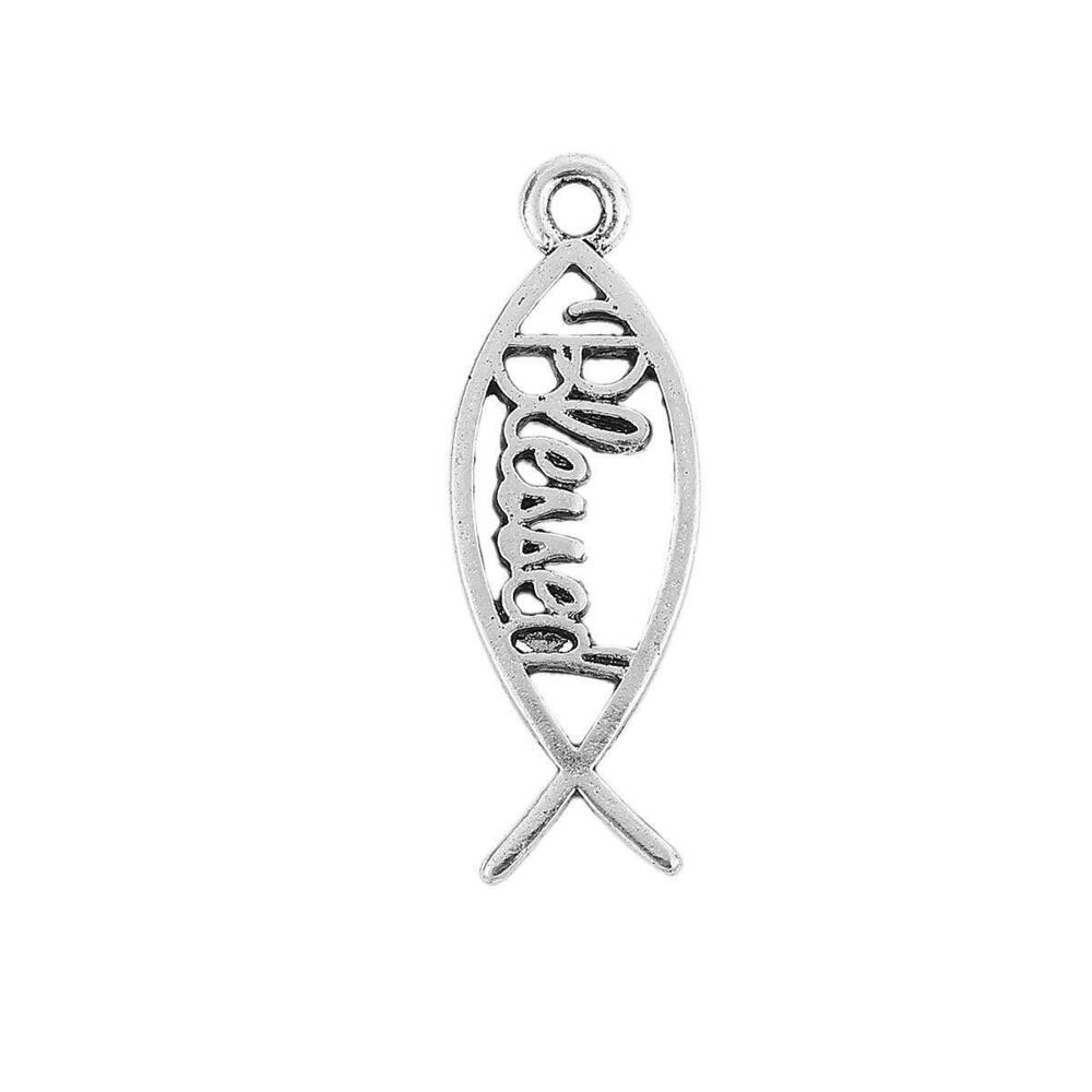 3790 40pc Antiqued Silver Alloy Jesus Christian Fish Message Blessed Charms